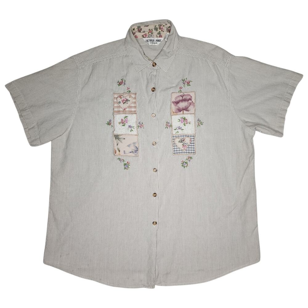 Vintage Victoria Jones Womens Shirt Size 20W XXL Patchwork Floral Striped 90s